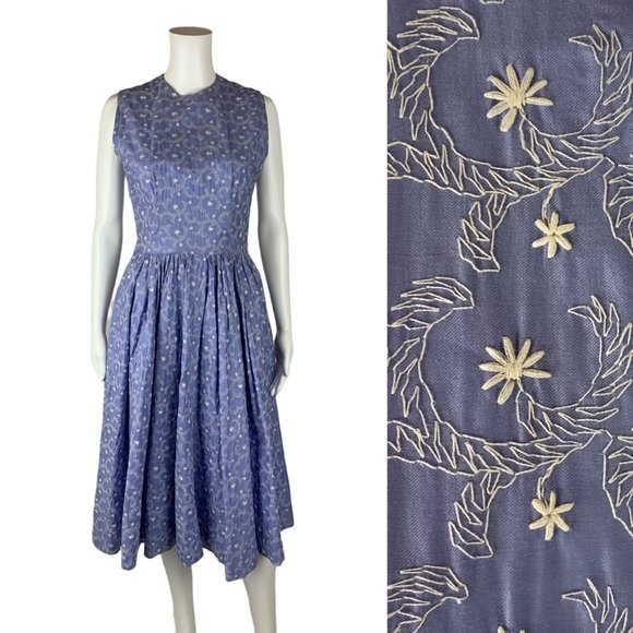Vintage 1950s Embroidered Dress Periwinkle Floral SundressW 26